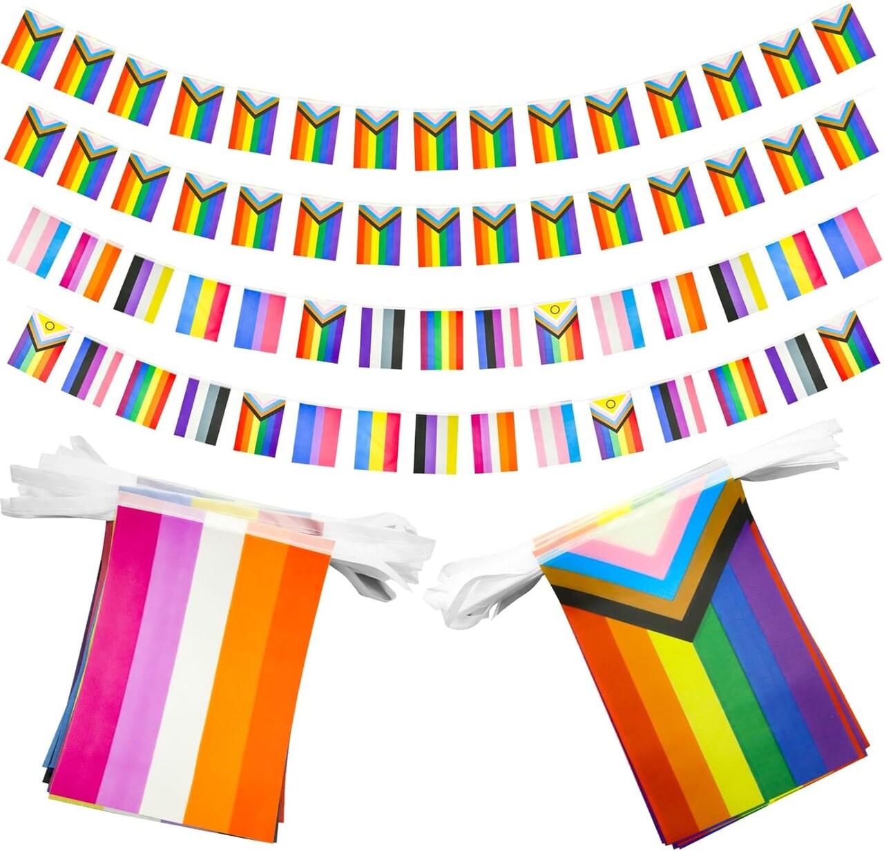 2Pcs Pride Flag Rainbow Banner, 32.8ft LGBT Flag Pride Decorations, LGBT String Flags Rainbow Flag Gay Pride Flag, Colorful Gay Flag Pride Decor for LGBT Party Rainbow Party (2 Styles, 60 Flags)